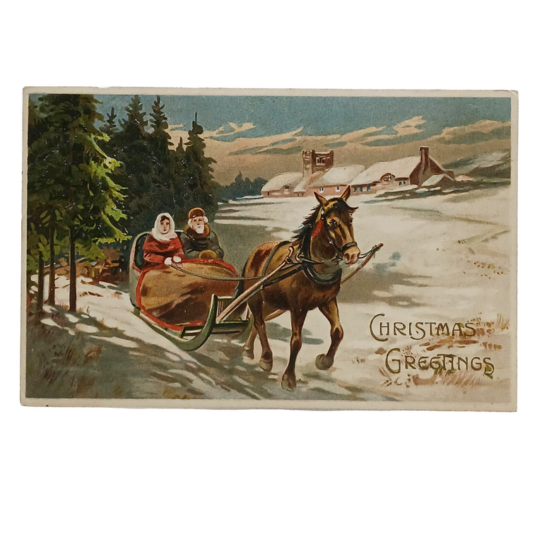 Christmas Postcard Horse Drawn Carriage of Couple on Snowy Lane