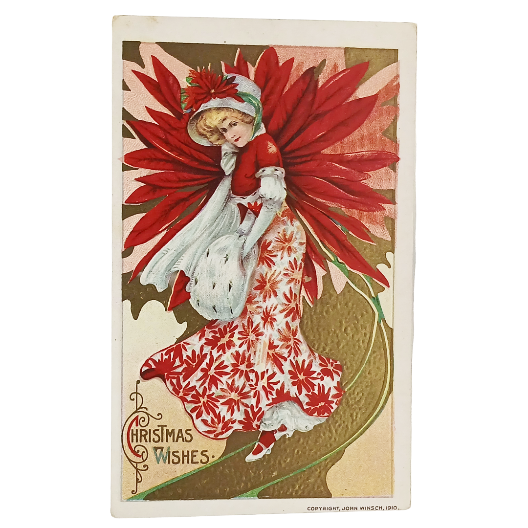 Art Nouveau Christmas Postcard Poinsettia Flower Woman Artist Schmucker Winsch Publishing
