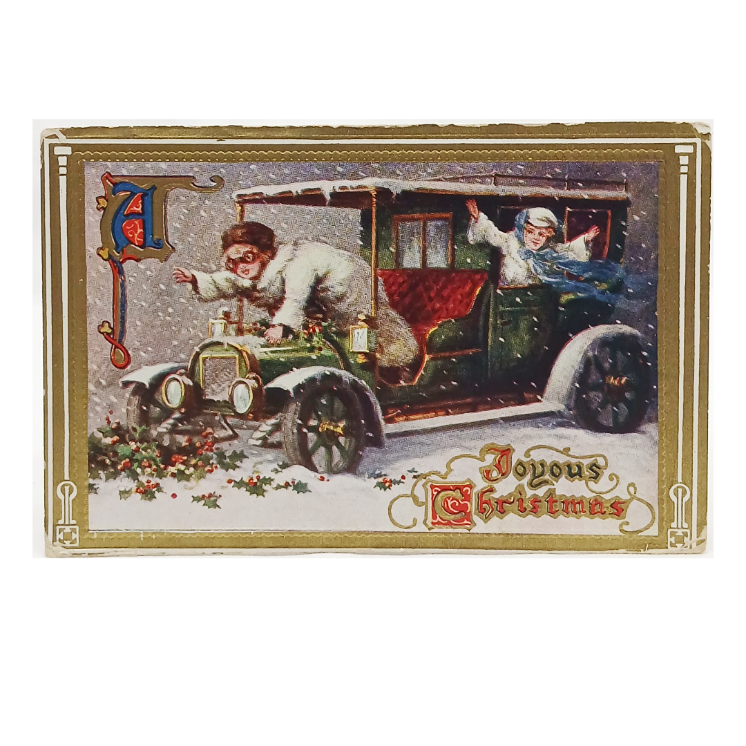 angels driving old timey car in snow christmas postcard 