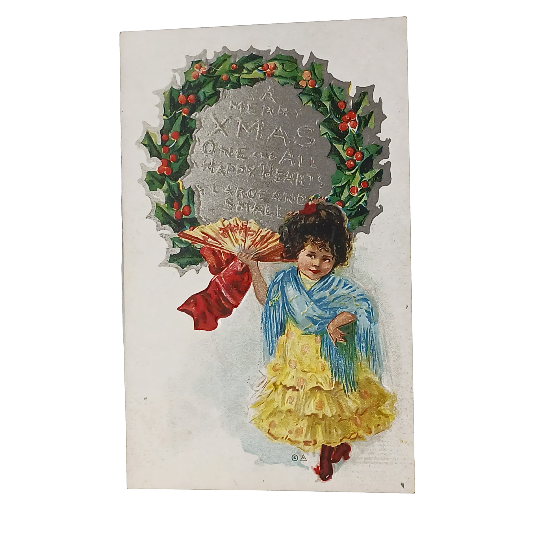 Vintage Owen Christmas Postcard | Embossed Victorian Girl with Fan