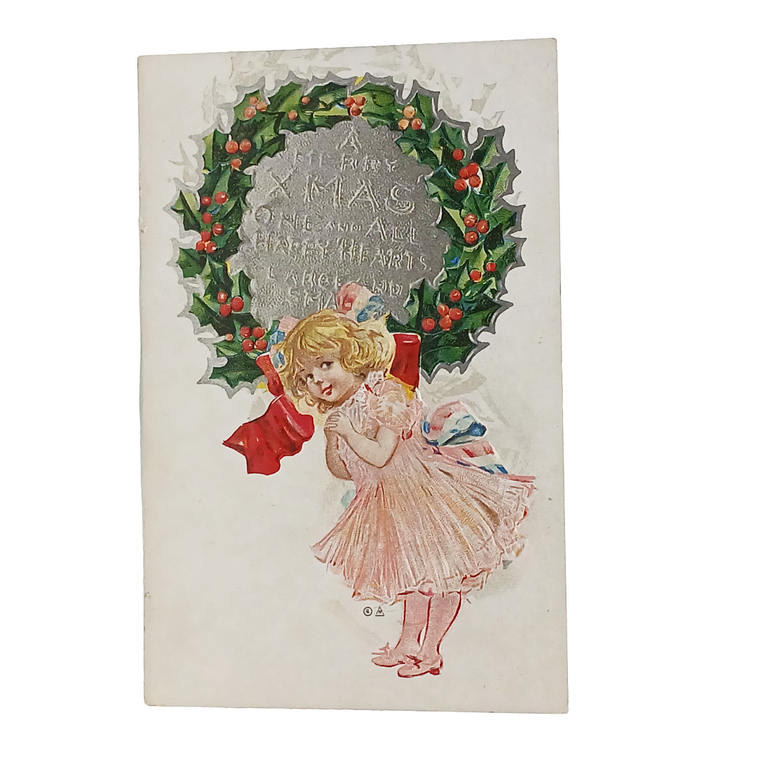 Vintage Owen Christmas Postcard | Embossed Victorian Girl in Pink Dress