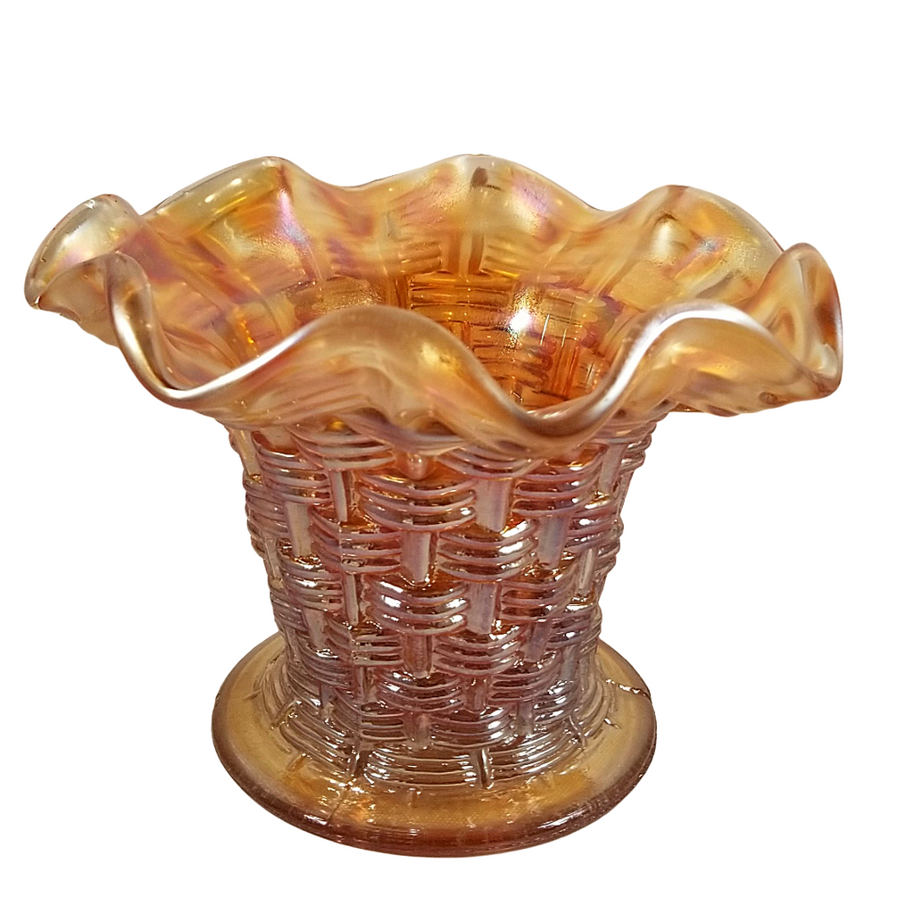 antique dugan basketweave ruffle vase marigold carnival glass fruit bowl vase