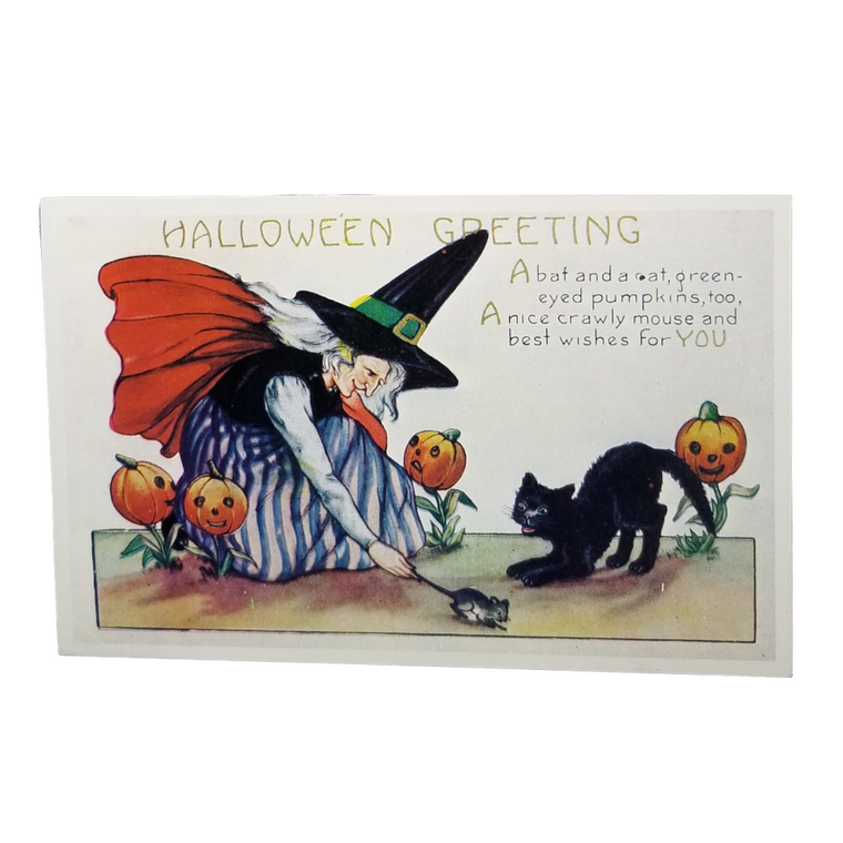 1922 Antique Whitney Made Halloween Postcard -  Witch, Black Cat & Green-Eyed Pumpkins