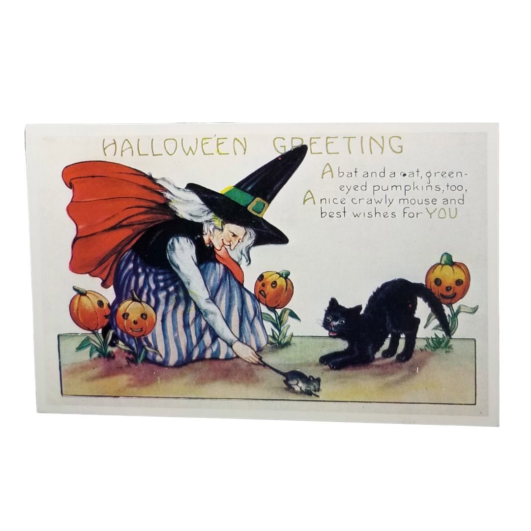 1922 Antique Whitney Made Halloween Postcard -  Witch, Black Cat & Green-Eyed Pumpkins