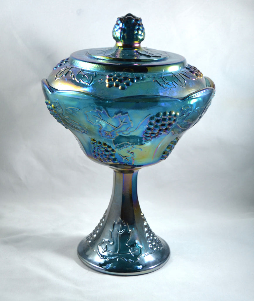 Indiana Blue Iridescent Carnival Glass Covered Candy Compote Harvest Grape Pattern