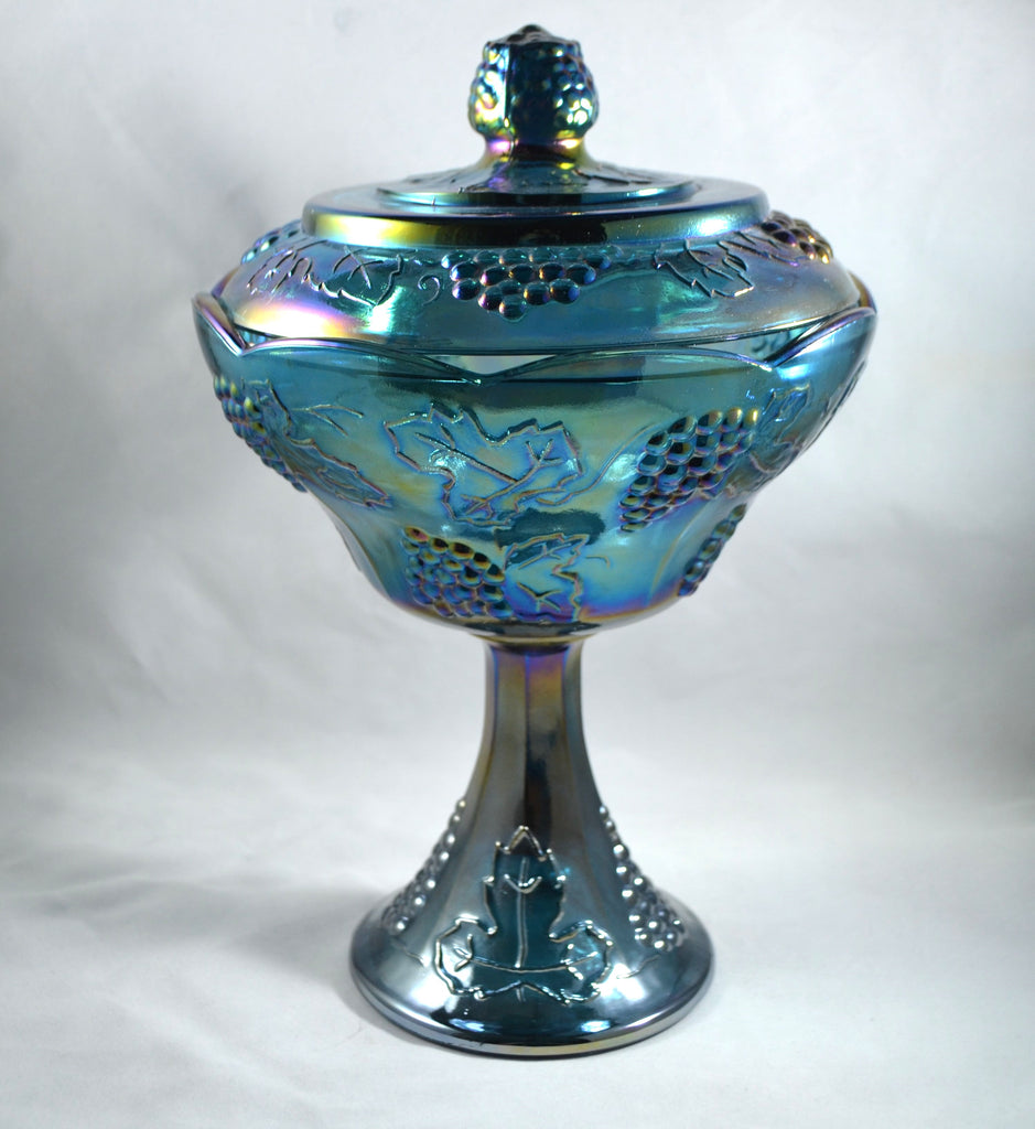 Indiana Blue Iridescent Carnival Glass Covered Candy Compote Harvest Grape Pattern