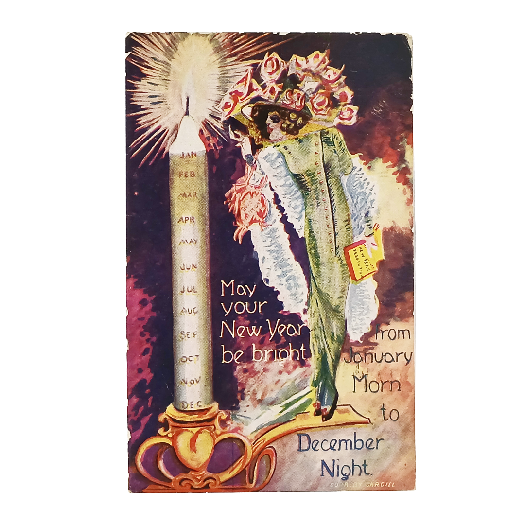 Vintage New Year Postcard | Art Nouveau Woman Lighting Candle