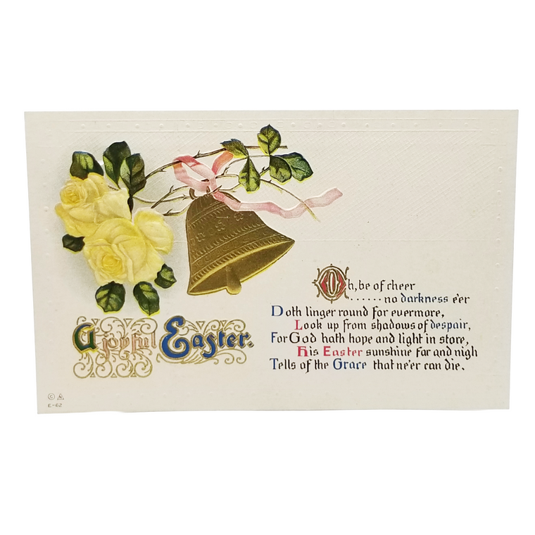 Easter Postcard Yellow Roses with Gold Embossed Bell Art Nouveau Style