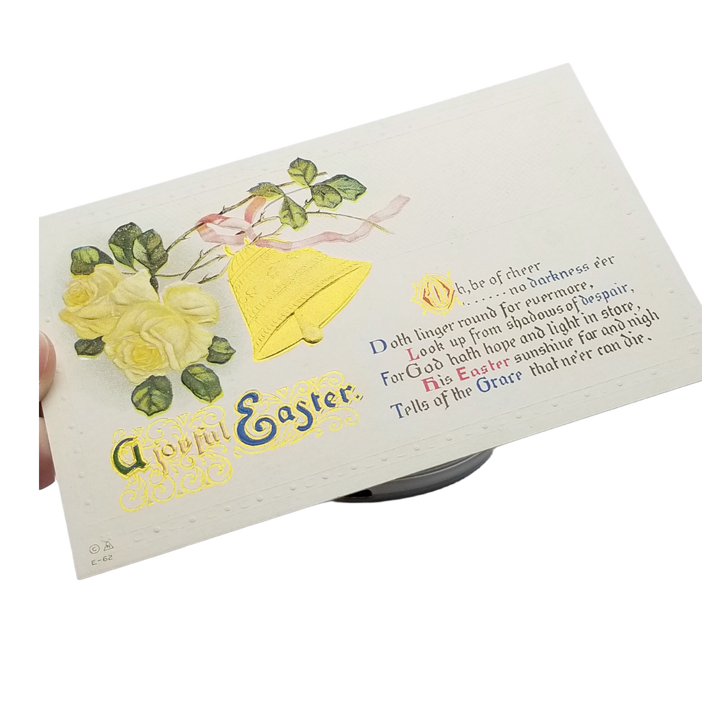 Easter Postcard Yellow Roses with Gold Embossed Bell Art Nouveau Style