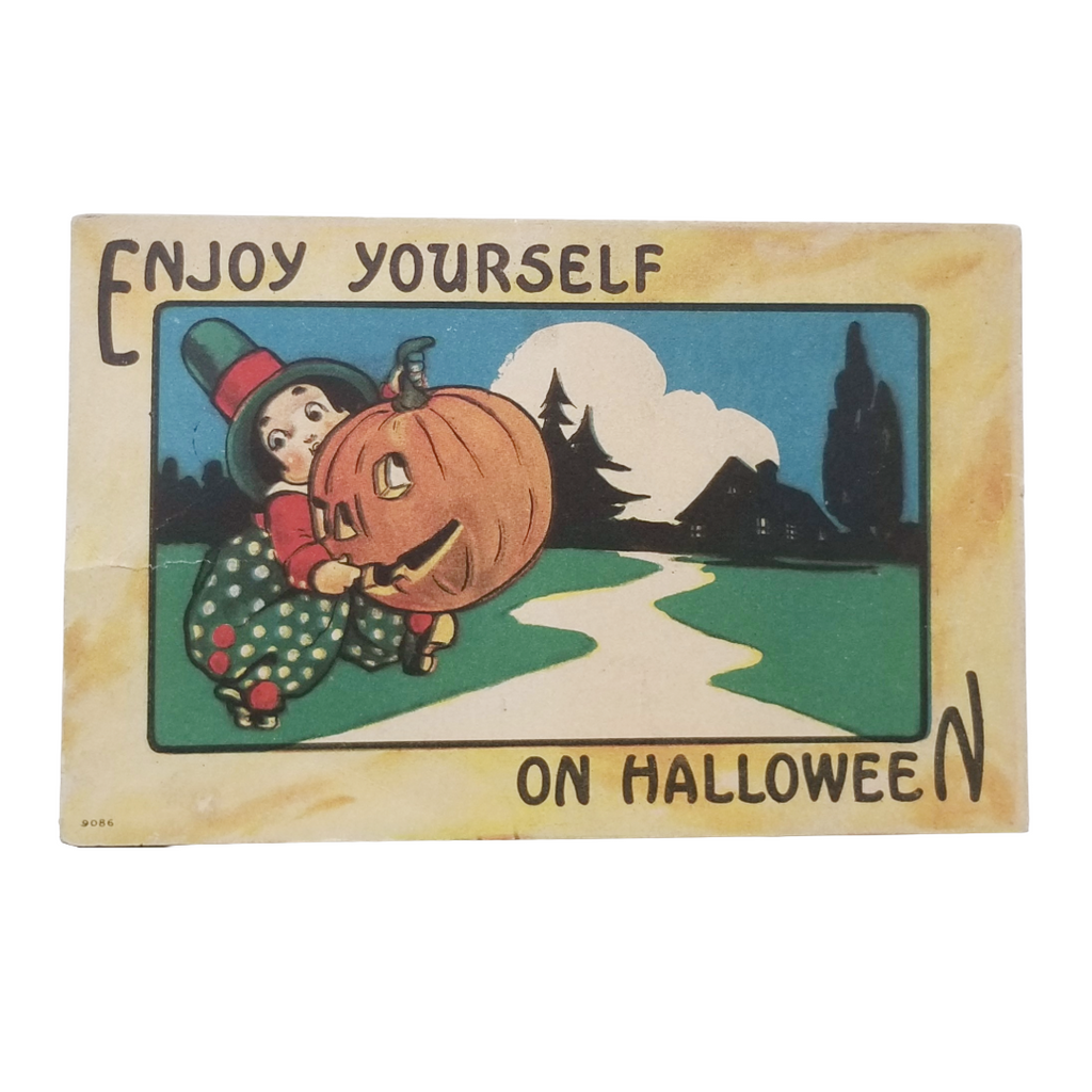 Antique 1910s Bergman Quality Halloween Postcard - "Enjoy Yourself on Halloween" Jack-o'-Lantern Comic Art #9086