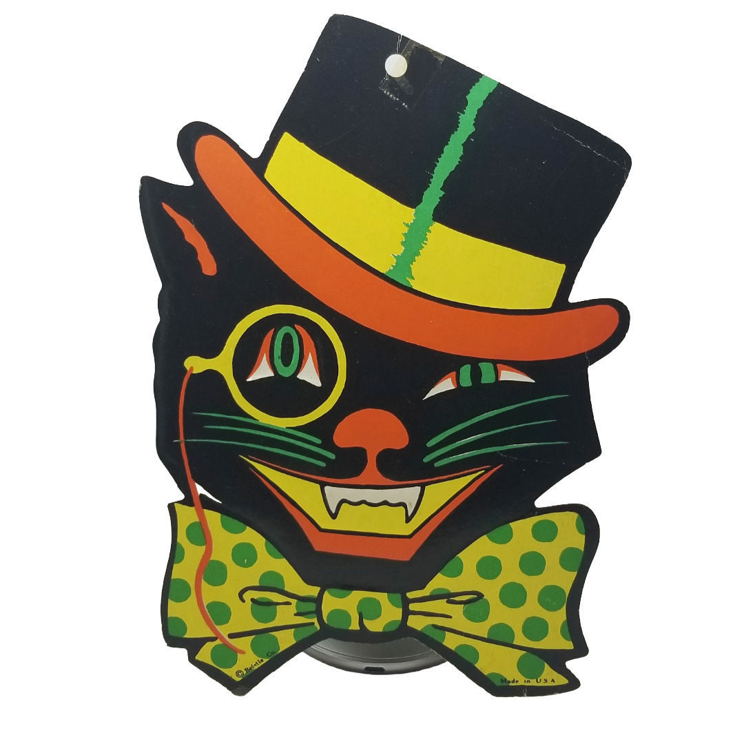 beistle black cat in a top hat with vampire like teeth