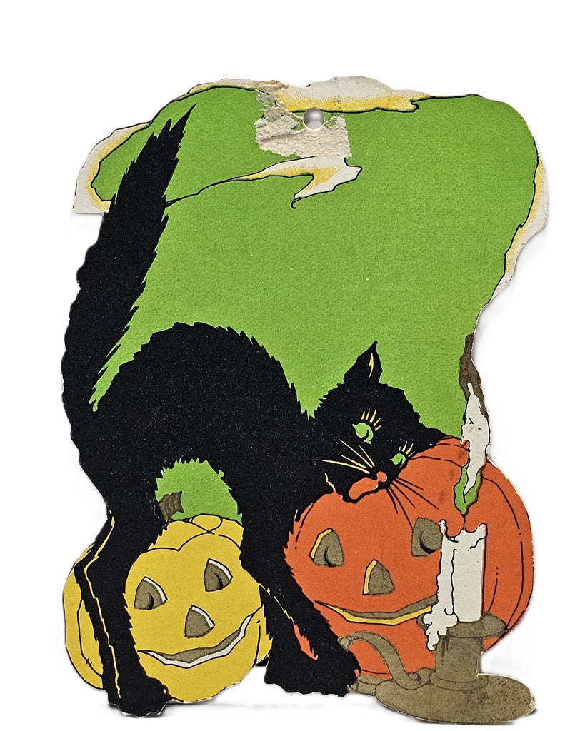 Vintage-style Halloween card with a black cat, pumpkins, and a candle on a white background.