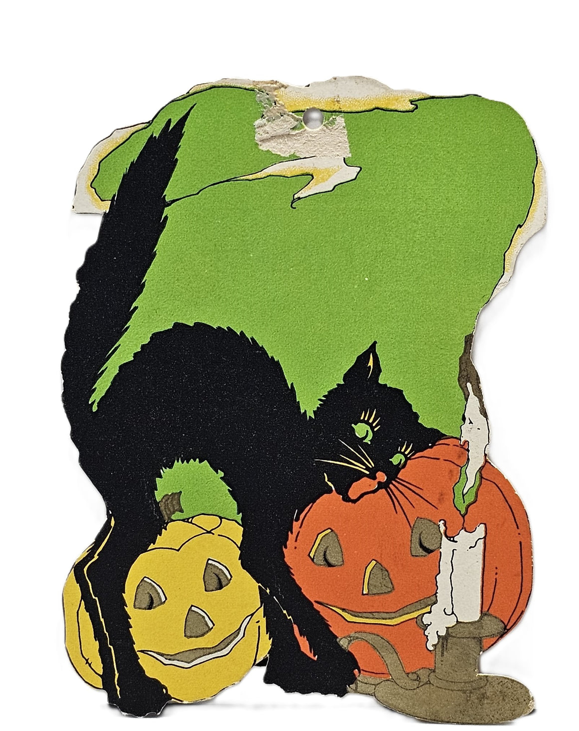 Vintage-style Halloween card with a black cat, pumpkins, and a candle on a white background.
