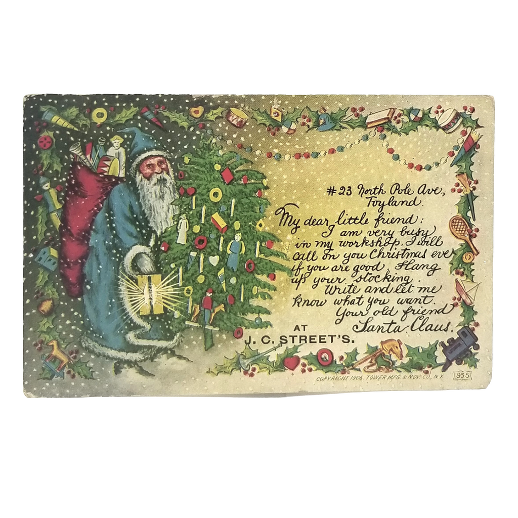 Antique 1906 Christmas Postcard Blue Robe Santa Claus Letter | Tower Mfg Co Undivided Back Post Card