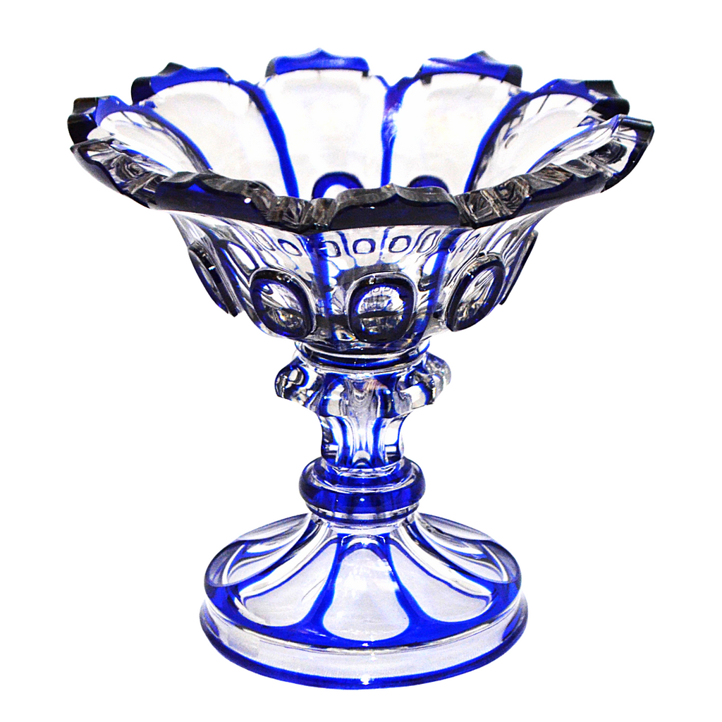Vintage Bohemian Cobalt Blue Cut to Clear Glass Tazza Compote | Antique Czech Crystal Pedestal Centerpiece Bowl