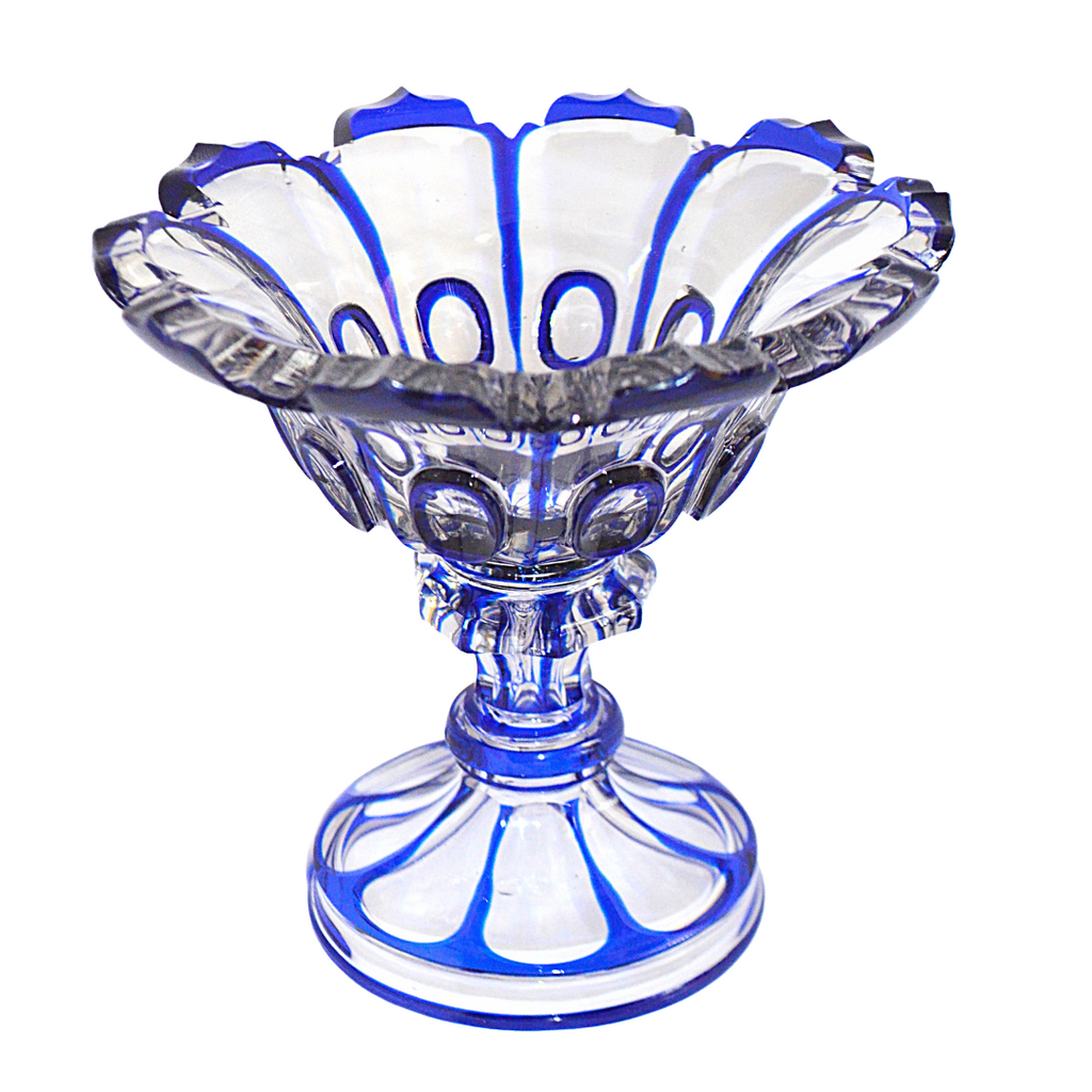 Vintage Bohemian Cobalt Blue Cut to Clear Glass Tazza Compote | Antique Czech Crystal Pedestal Centerpiece Bowl
