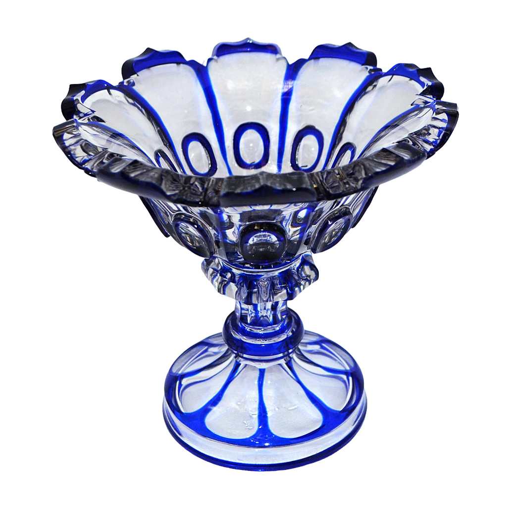 Vintage Bohemian Cobalt Blue Cut to Clear Glass Tazza Compote | Antique Czech Crystal Pedestal Centerpiece Bowl