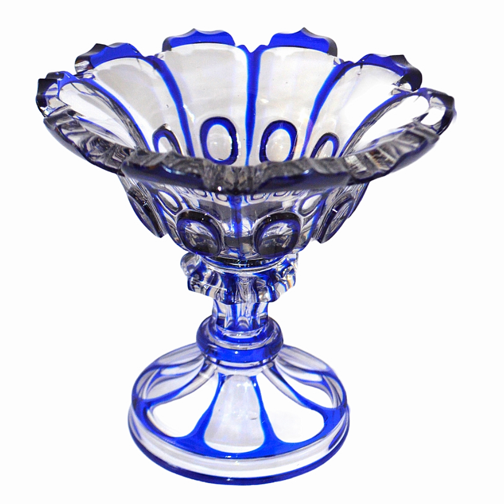 Vintage Bohemian Cobalt Blue Cut to Clear Glass Tazza Compote | Antique Czech Crystal Pedestal Centerpiece Bowl