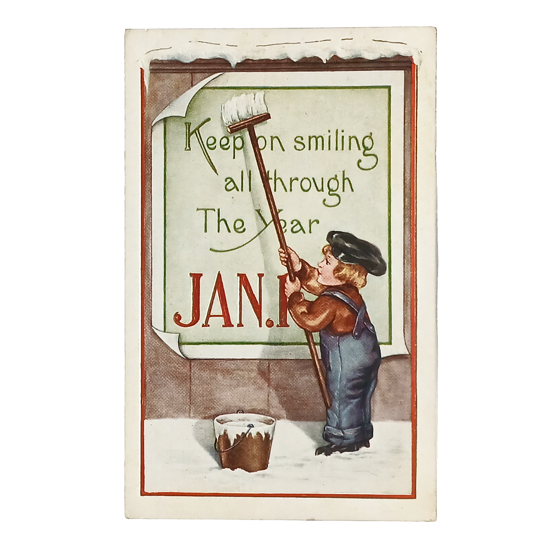 whitney new year postcard of boy hanging sign