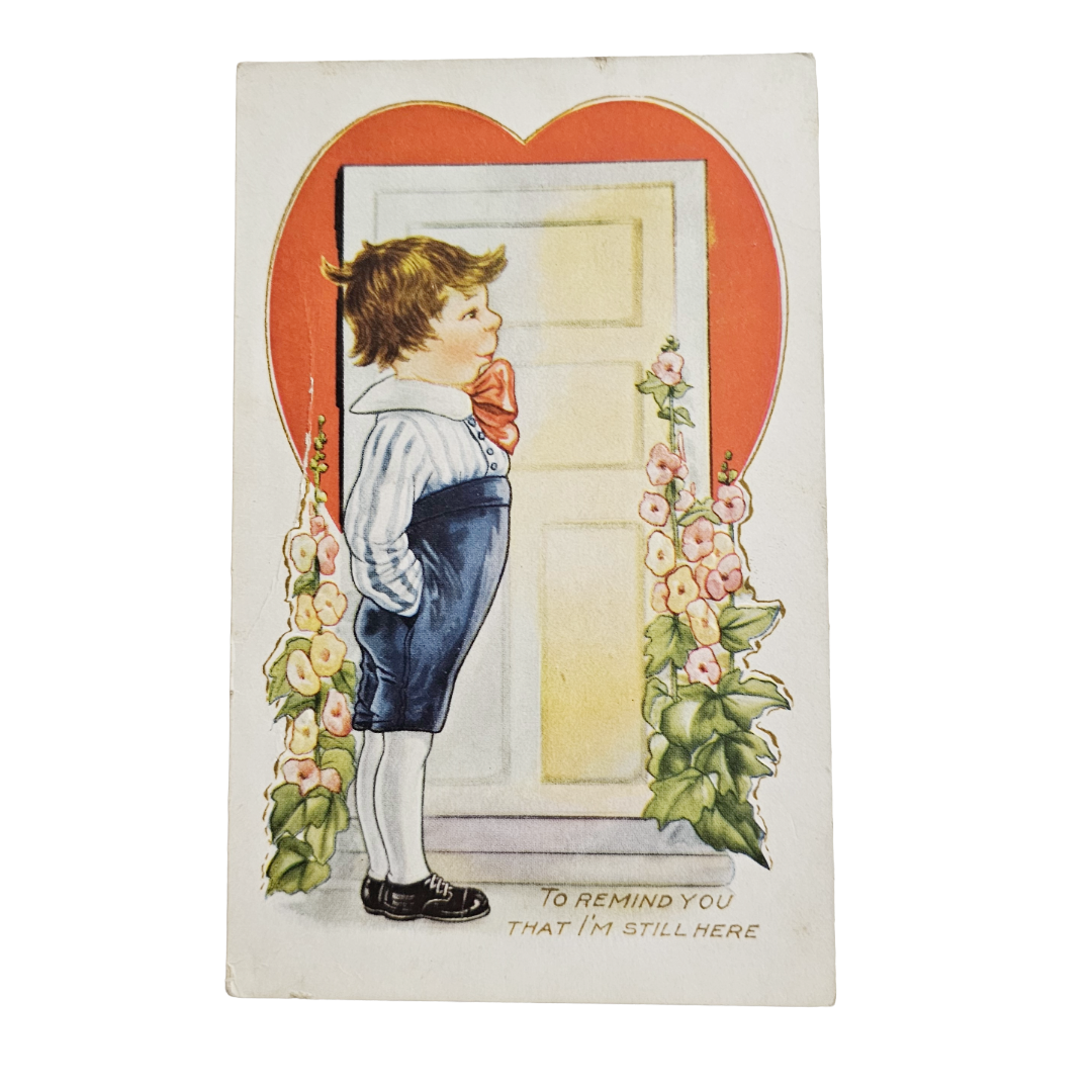 Vintage Valentine Postcard Whitney Pub Boy Awaiting Girl At Door w/Red Heart