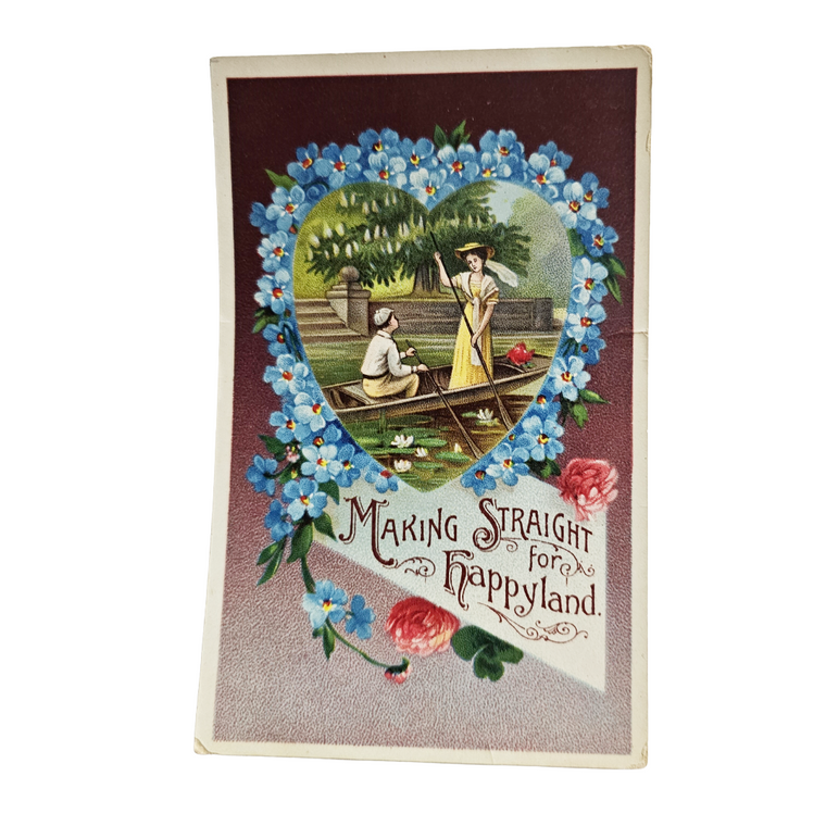 Valentine Postcard Couple in Boat Gel Finish "Making Straight for Happyland"