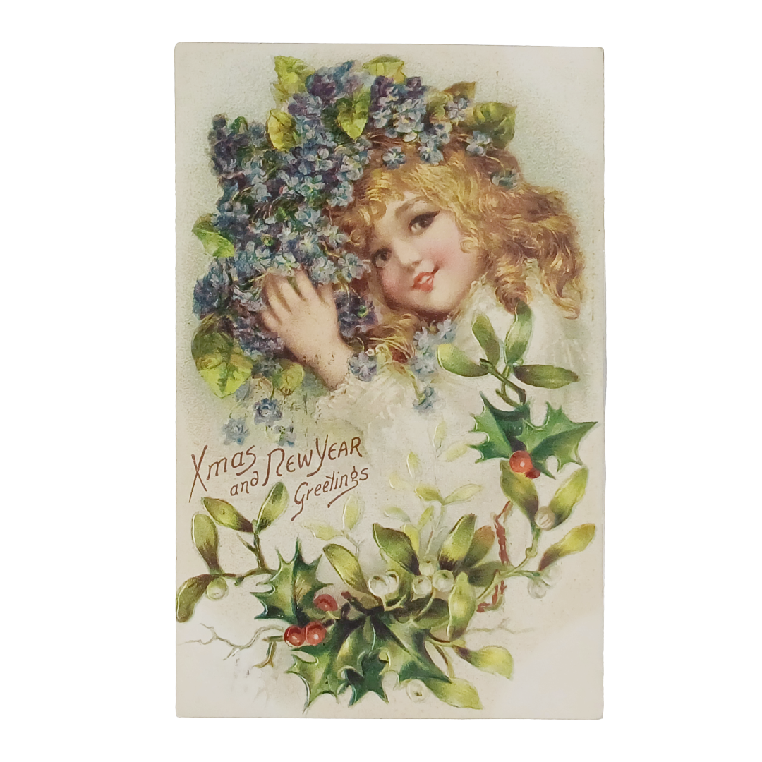 Antique Brundage New Year Christmas Postcard | Little Girl Holding Flowers