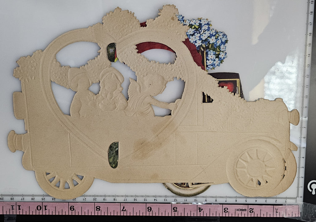 Large Vintage 1920s Die Cut 3D Honeycomb Heart Valentine Card Cupid Driving Old Timey Car with Children
