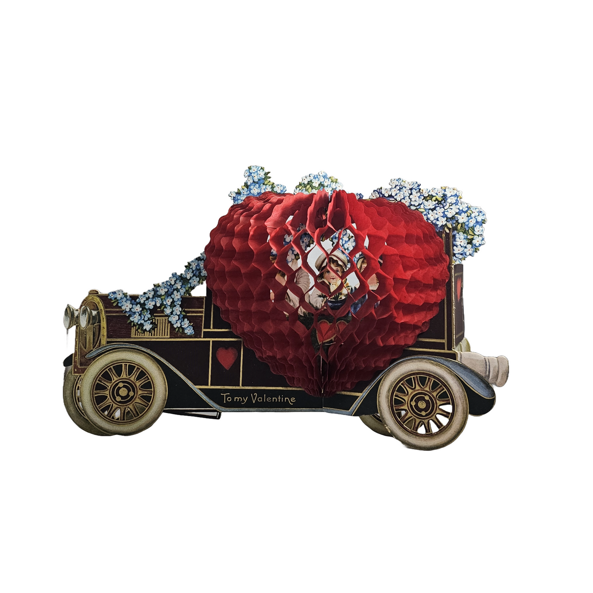 Large Vintage 1920s Die Cut 3D Honeycomb Heart Valentine Card Cupid Driving Old Timey Car with Children