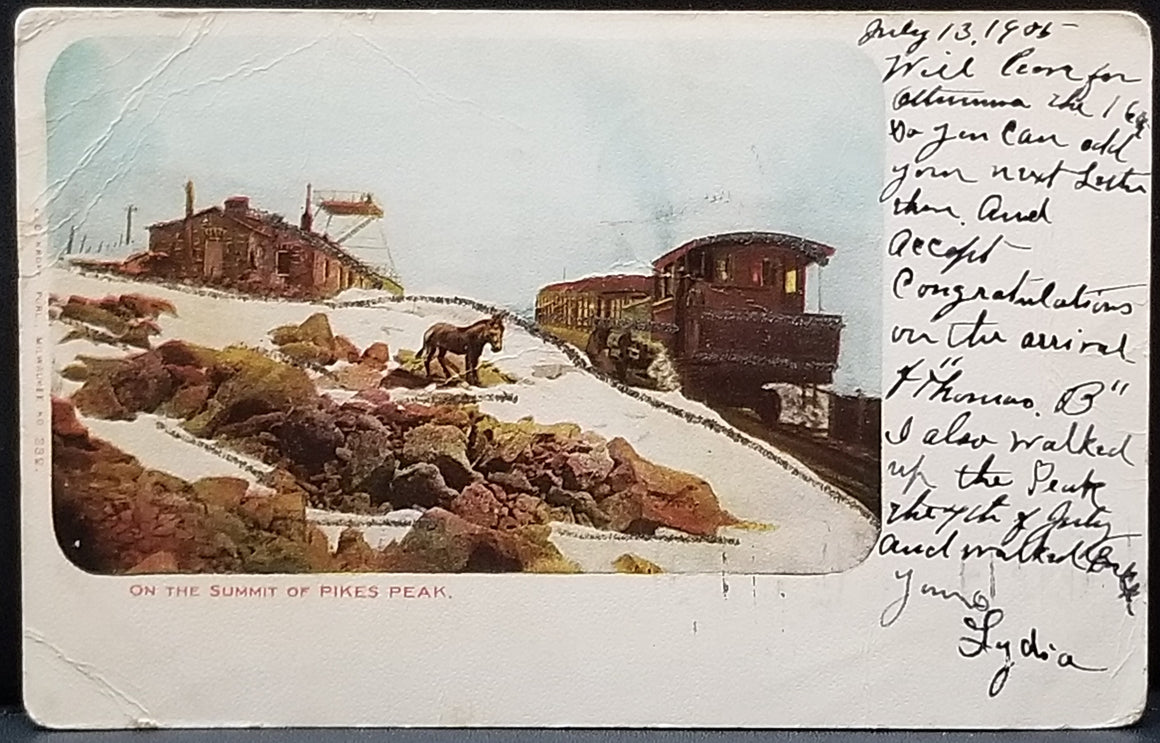 Scenic Postcard 1909 View of Pikes Peak Summit House in Colorado Train Railroad and Donkey