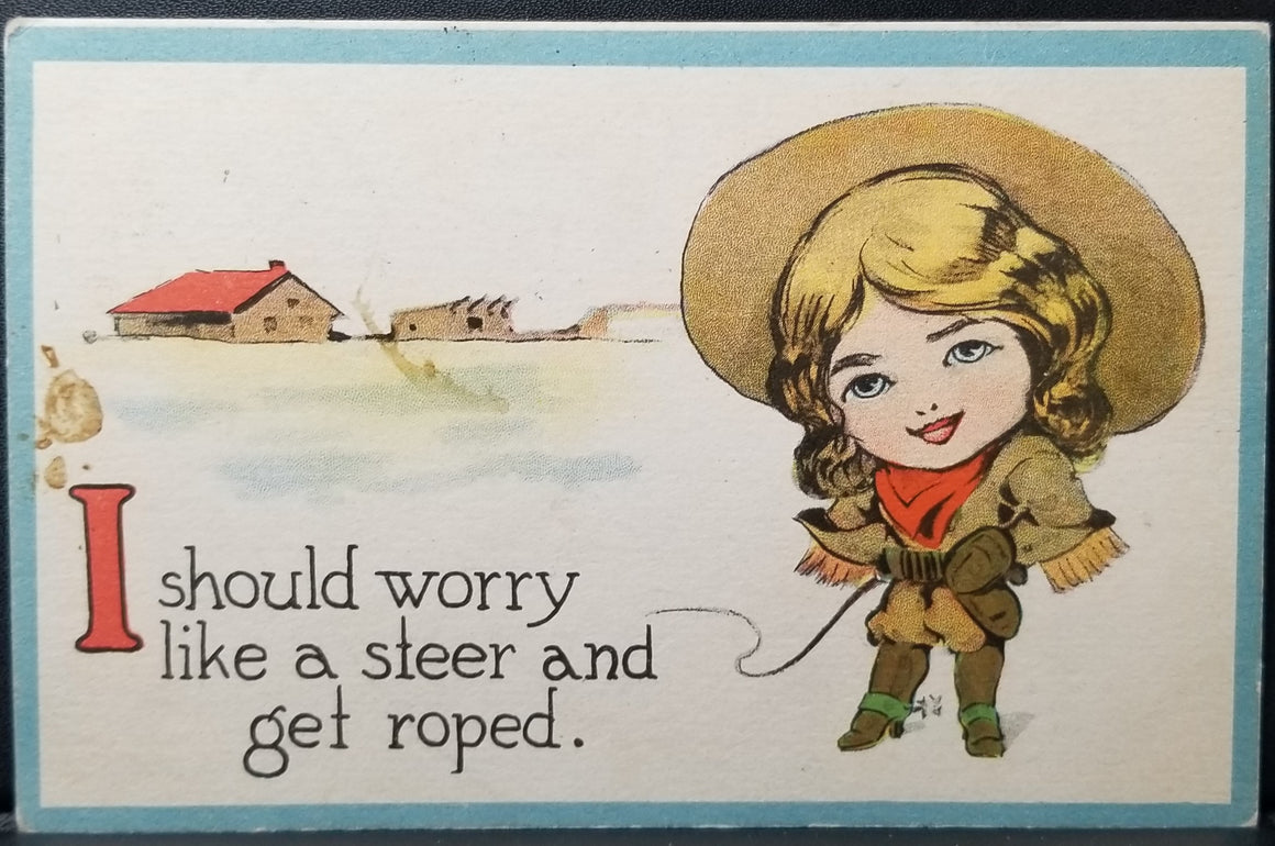 Cowgirl Postcard Cartoon Woman on Ranch Get Roped