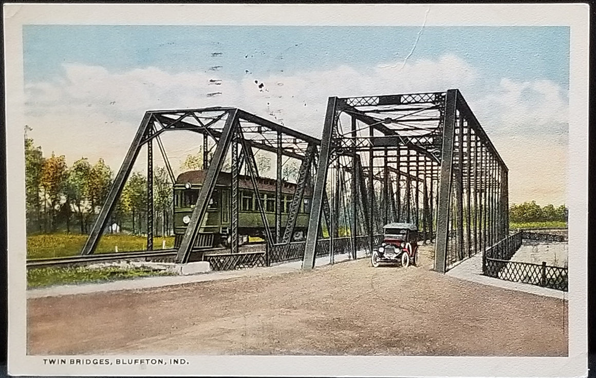 Twin Bridges in Bluffton Indiana 1916 City Town View RPPC Style Postcard