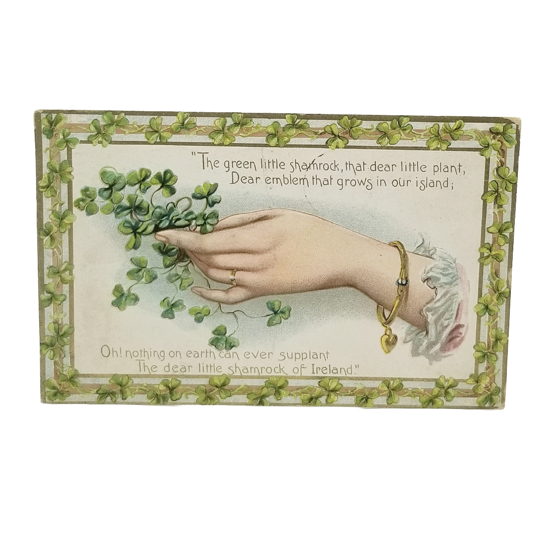 Vintage Tuck Saint Patrick's Day Postcard Woman Holding Clover Corsage Shamrock Border