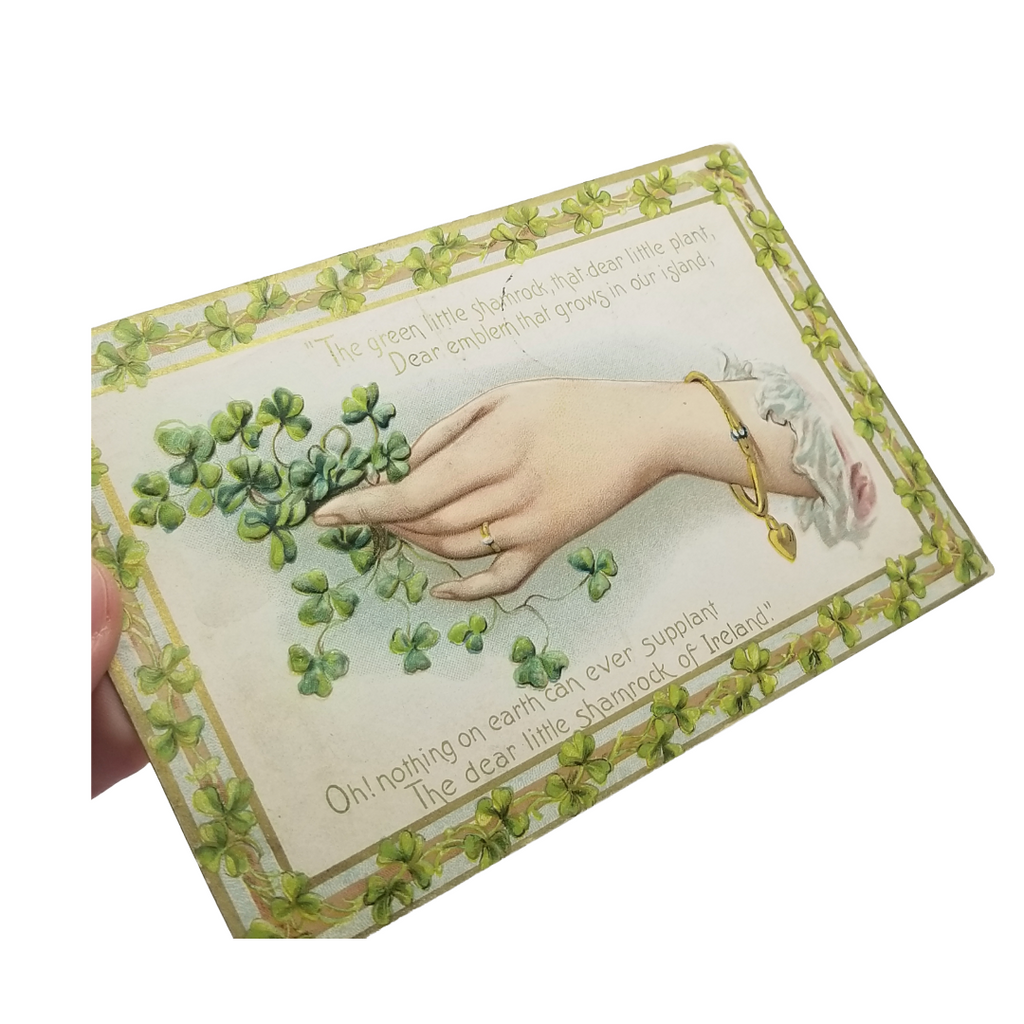 Vintage Tuck Saint Patrick's Day Postcard Woman Holding Clover Corsage Shamrock Border