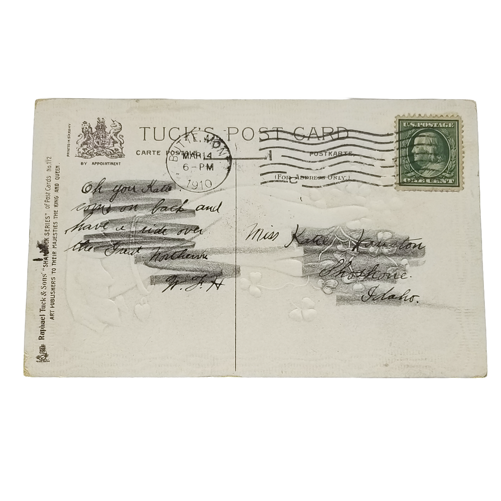 Vintage Tuck Saint Patrick's Day Postcard Woman Holding Clover Corsage Shamrock Border