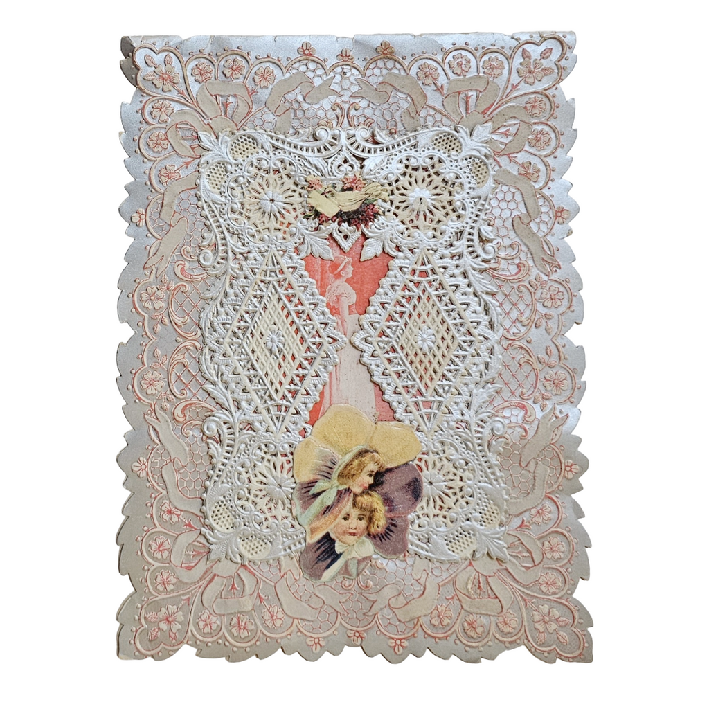 Antique German Die Cut Embossed Silver Foil Valentine's Card Children & Flowers