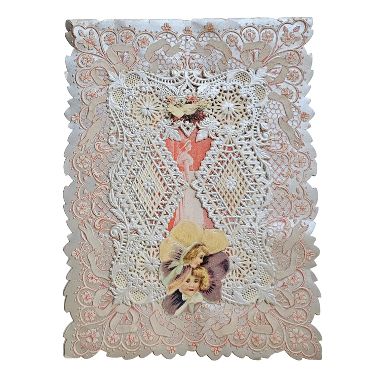 Antique German Die Cut Embossed Silver Foil Valentine's Card Children & Flowers