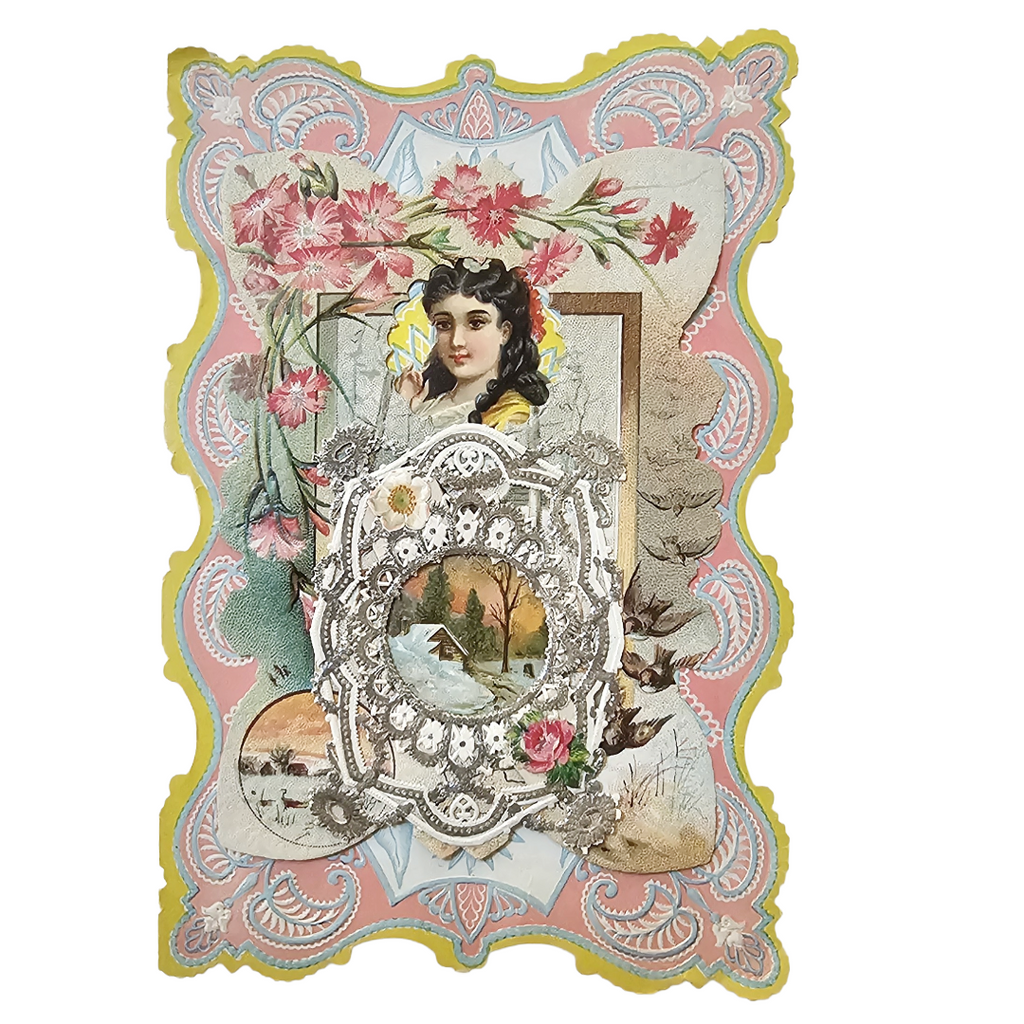 Antique German Die Cut Embossed Silver Foil Lace Valentine's Card Winter Landscape