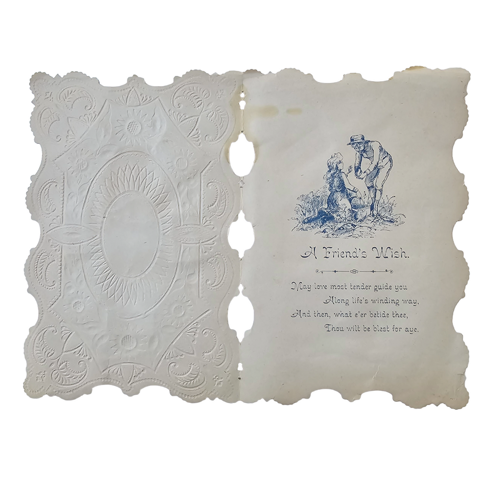 Antique German Die Cut Embossed Silver Foil Lace Valentine's Card Winter Landscape