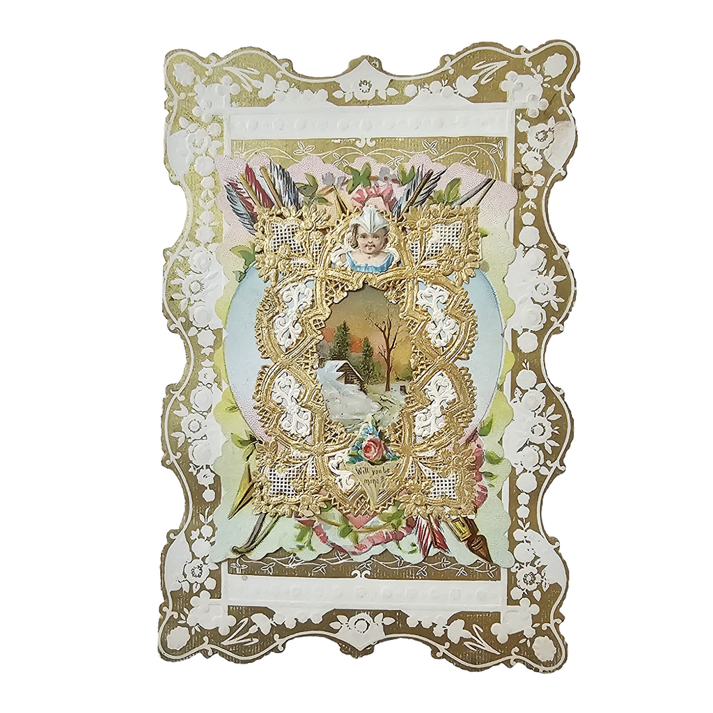 Antique German Die Cut Embossed Gold Foil Valentine's Card Boucher Caged Doves