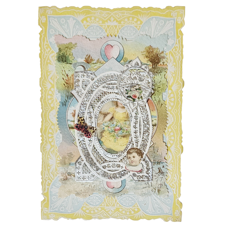 Antique German Die Cut Embossed Silver Foil Valentine's Card Children w/ Flowers