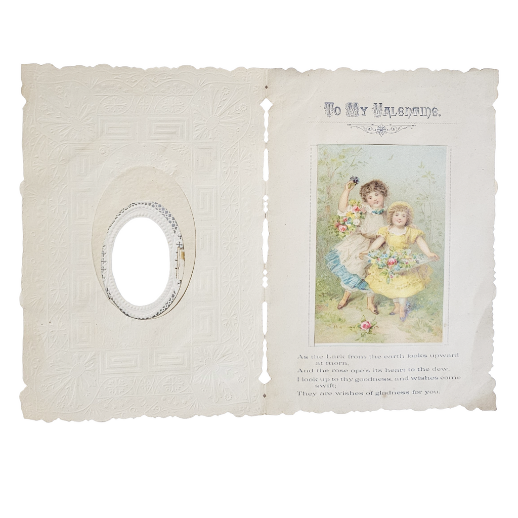 Antique German Die Cut Embossed Silver Foil Valentine's Card Children w/ Flowers