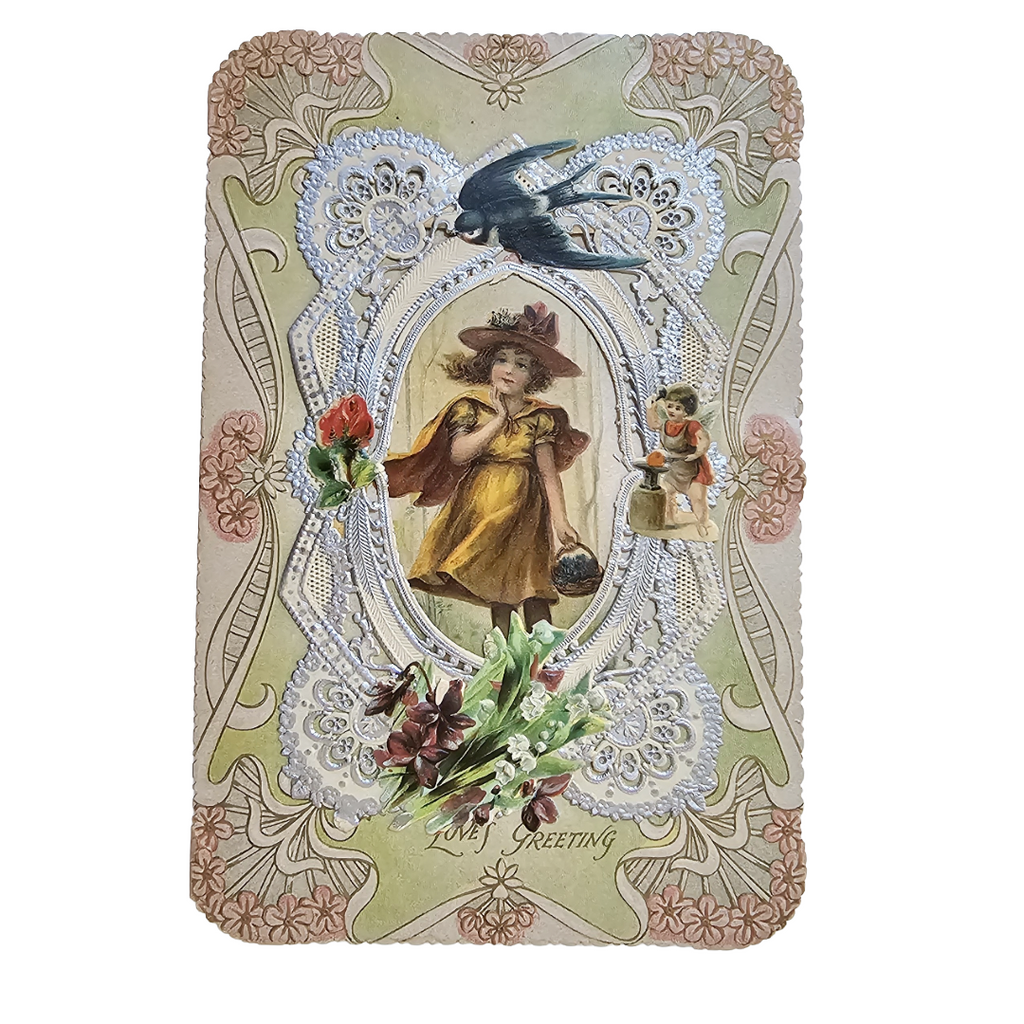 Antique German Die Cut Embossed Silver Foil Valentine's Card Young Girl & Flowers