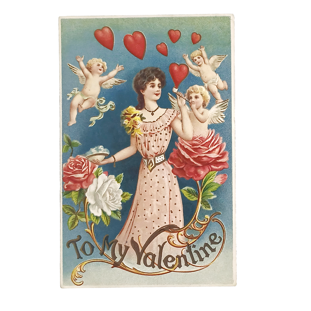 Victorian Valentine Postcard, Art Nouveau Woman with Cupids & Hearts