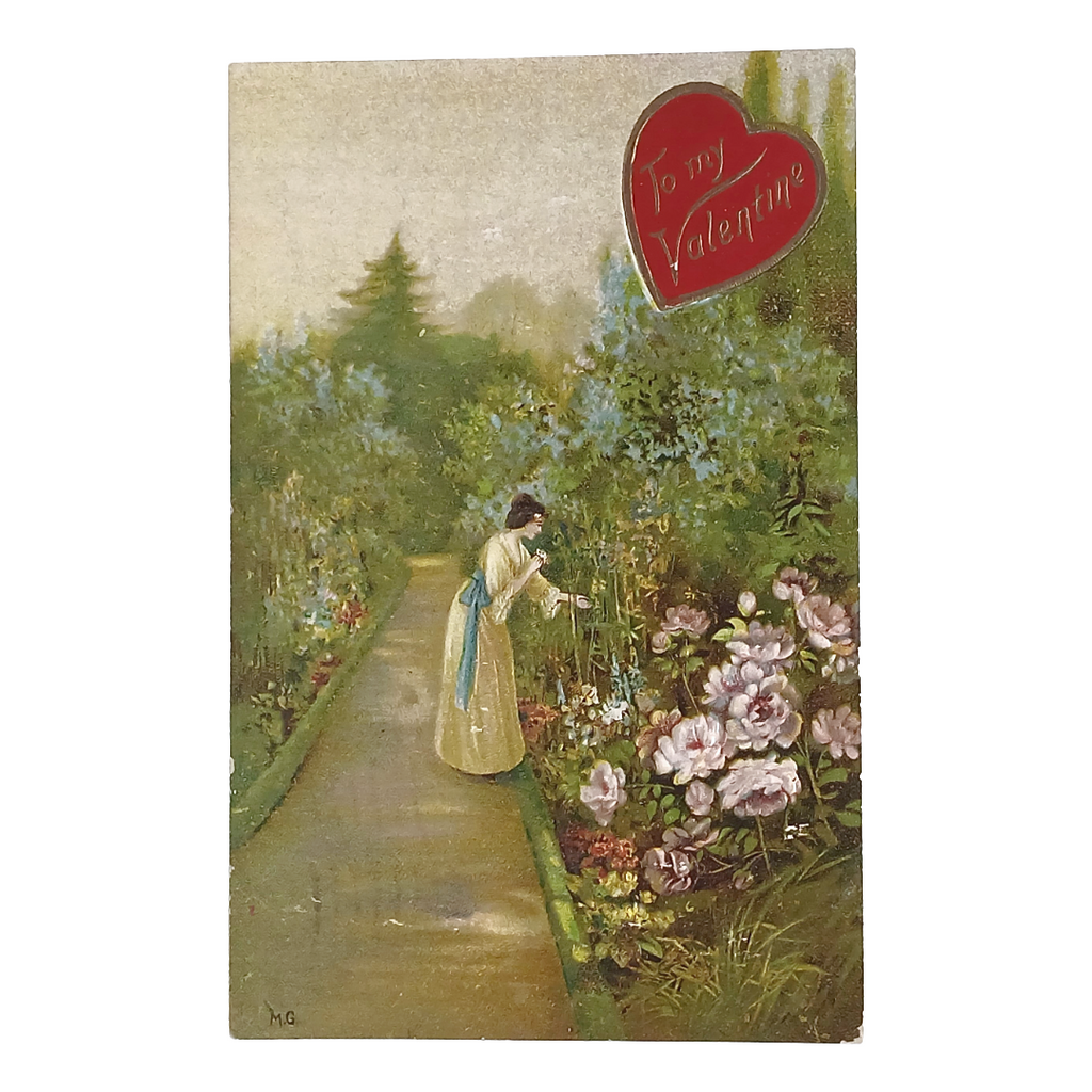 Valentine Postcard Artist Marte Graf Woman in Garden Raised Embossing