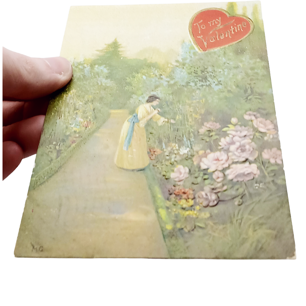 Valentine Postcard Artist Marte Graf Woman in Garden Raised Embossing