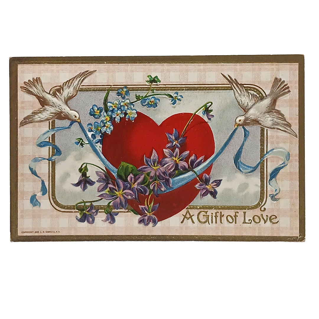 Valentine Postcard Doves with Hearts & Flowers Gold Embossed