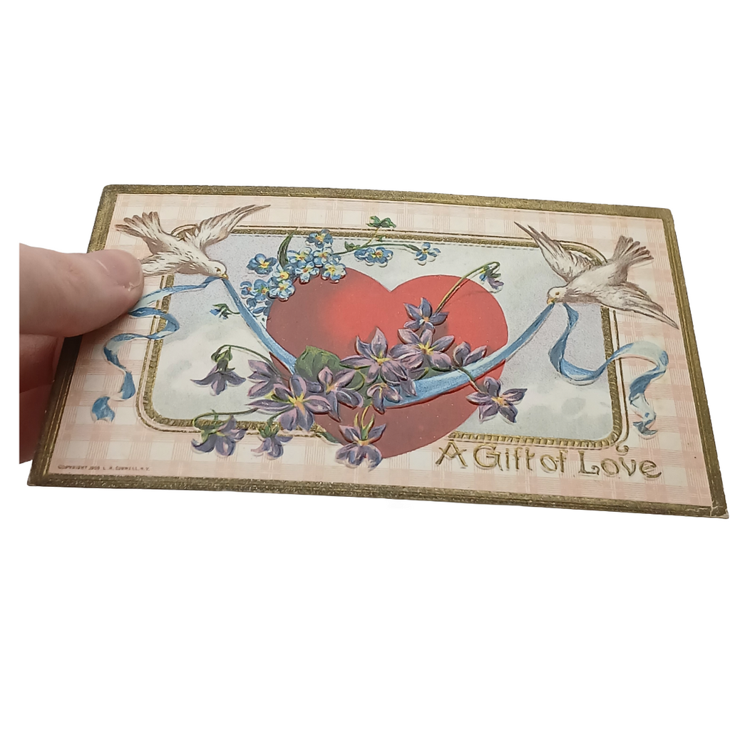 Valentine Postcard Doves with Hearts & Flowers Gold Embossed
