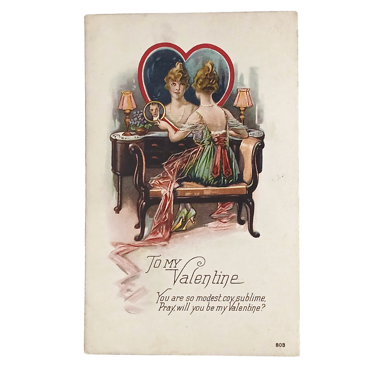 Valentine Postcard Edwardian Woman Reflecting in Heart Shaped Mirror