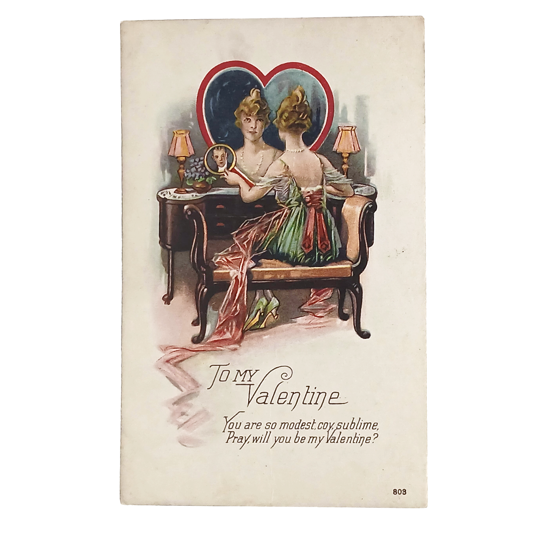 Valentine Postcard Edwardian Woman Reflecting in Heart Shaped Mirror