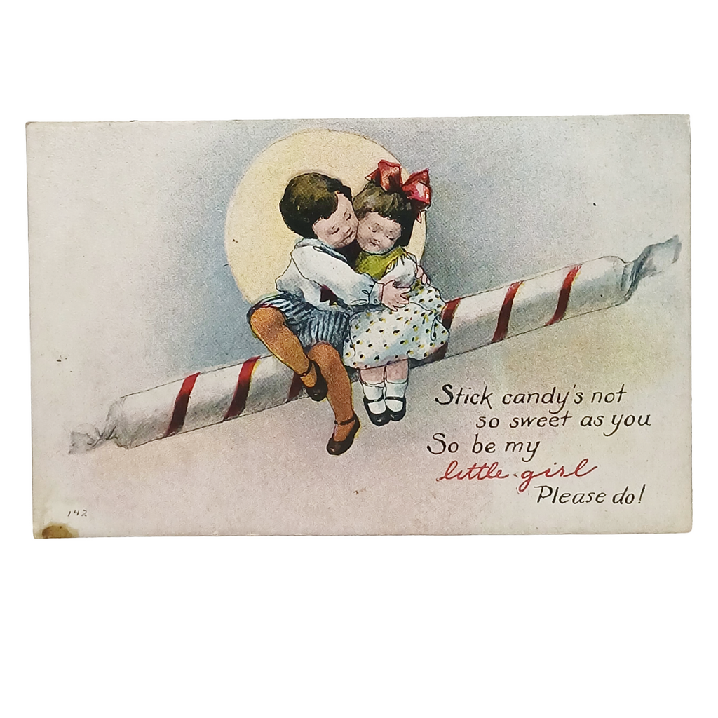 Vintage Valentine Postcard Children Hugging on Stick of Candy in Moonlit Night